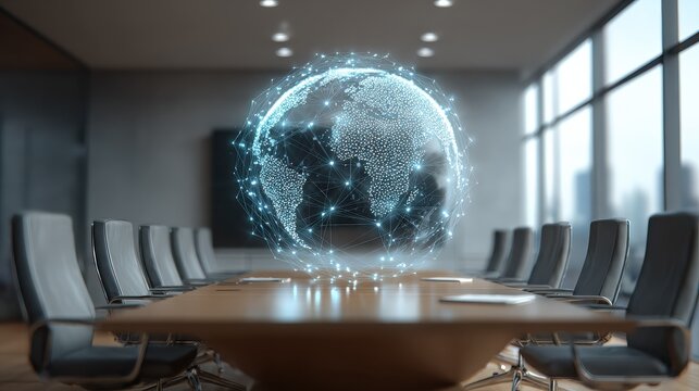 digital globe with network connections in a meeting room showing global connectivity concept