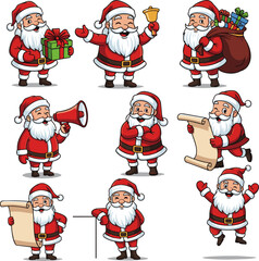 solated a Сheerful Santa Claus characters holding gifts, ringing bell, carrying bag, shouting in megaphone, reading scroll, leaning, and jumping. For Christmas sale, announcements, and greeting cards.