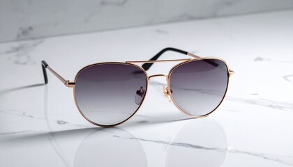 Stylish gold frame aviator sunglasses with gradient lenses resting elegantly on a pristine white marble surface, showcasing modern eyewear fashion and summer accessory trends