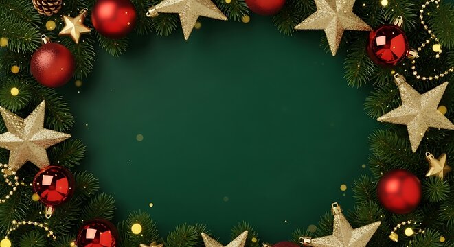 Festive christmas wreath with red baubles and golden stars on a dark green background with copy space