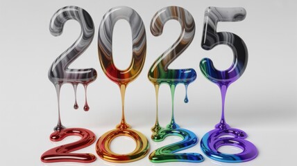Wax figures depicting the small year "2025", which drips, creating an enlarged year "2026". The wax flows off, gradually turning into multicolored tones.