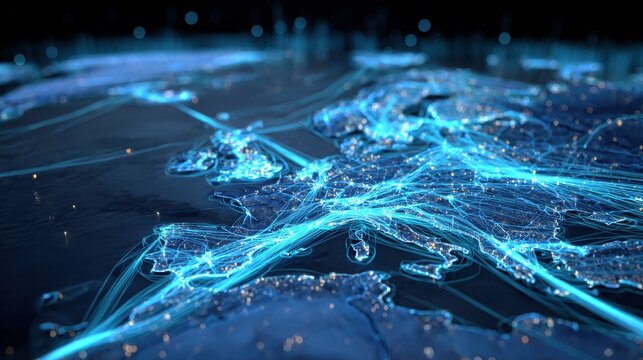 futuristic 3d holographic map displays glowing supply chain pathways global warehouses digital network visualizes connectivity transportation routes modern technology optimizes logistics