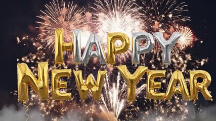 Happy New Year balloons floating in front of fireworks display - Powered by Adobe