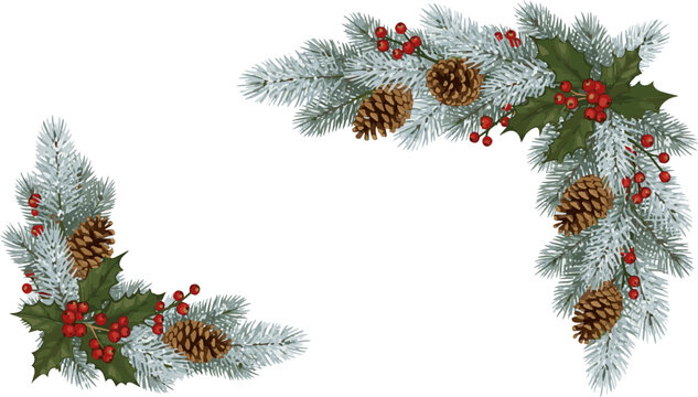  Isolated a Christmas corner garland with snowy fir branches, pine cones, and holly berries. Frosty festive design for winter banners, cards, invitations, posters vector art with white background.