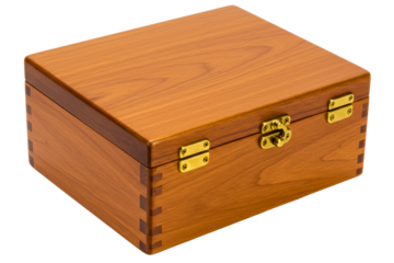 Wooden keepsake box with brass latch and dovetail joints on a transparent background