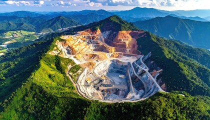 Aerial Panorama of Quarry Amidst Lush Green Mountains Under Sunlight
