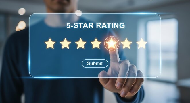 Man giving a positive five-star rating on a virtual touchscreen for a great customer experience.