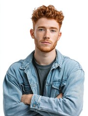 Fototapeta premium headshot of red haired serious young male blogger looks confidently at camera thinks about new content of his web page dressed casually earns money distantly isolated over white background no logos n