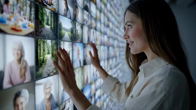Woman touching a large interactive multimedia video wall displaying numerous different clips and images, representing advanced technology, digital content, and future media experiences