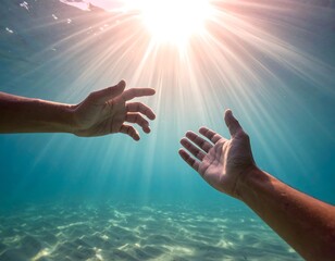 Two open hands, submerged in clear turquoise water, reach upwards towards a radiant sunburst filtering through the surface. Sunlight creates beams