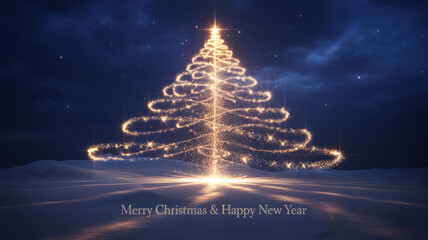 A shining Christmas tree made entirely of glowing, sparkling light paths. The Christmas tree is set against a midnight blue sky.