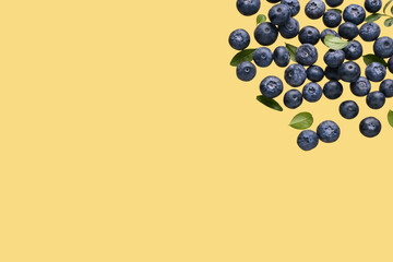 Flying sweet fresh blueberries and leaves on yellow background