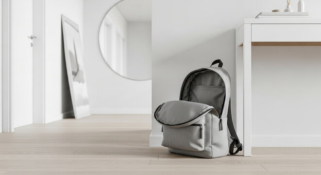 Open backpack on hallway floor next to white table in modern home  