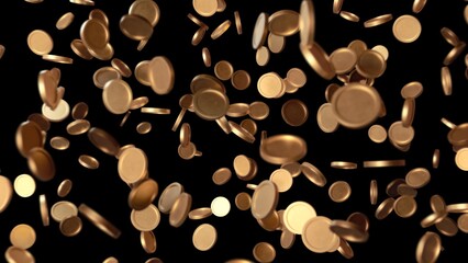 gold coin shower in motion capturing festive bonus distribution or charity donation shower, cinematic vertical fall, varied focus, warm glow, joyful abundance, dramatic black backdrop