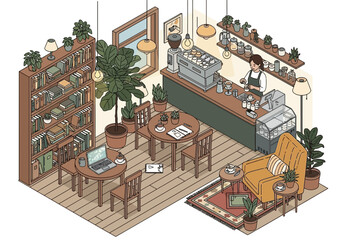 Isometric View of a Cozy Coffee Shop Interior with Plants and Books.