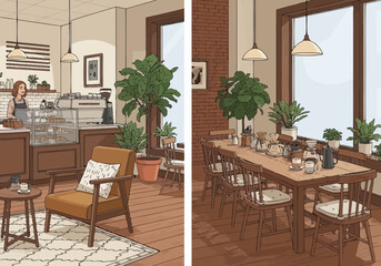 Cozy Cafe Interior with Seating and Counter Area.