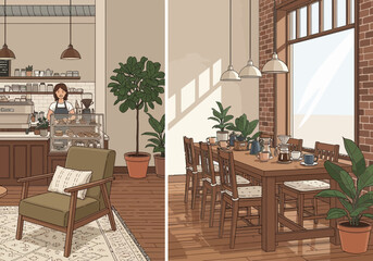 Cozy Cafe Interior with Barista and Dining Area.