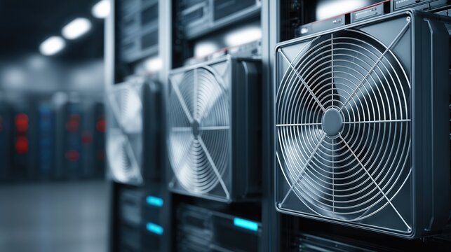 Close-up of cooling fans on server racks in a modern data center facility