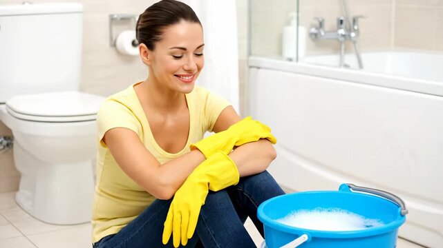 Young smiling woman wearing yellow protective gloves sitting on the floor in a modern bathroom, preparing to clean with a bucket of soapy water, representing home hygiene and efficient housekeeping