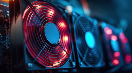 Illuminated cooling fans on a cryptocurrency mining rig or powerful server hardware