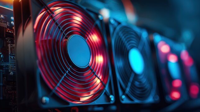 Illuminated cooling fans on a cryptocurrency mining rig or powerful server hardware