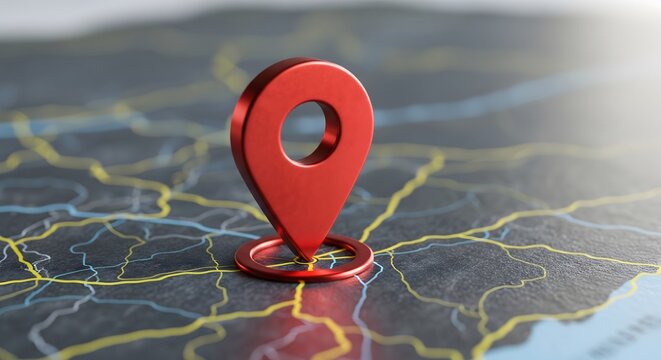 A red map pin or location marker on a blurred city map, indicating a specific destination, address, or point of interest. Concept for travel, navigation, and GPS.