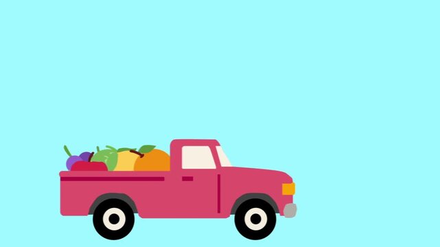 2D animated red pickup logistics car stops and load fruits. moving right to left isolated on light blue Background. Animated video.