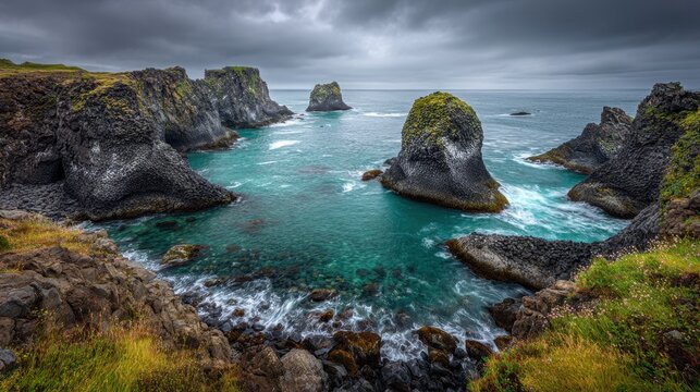 Basalt formations at Arnarstapi in Iceland s Atlantic Ocean