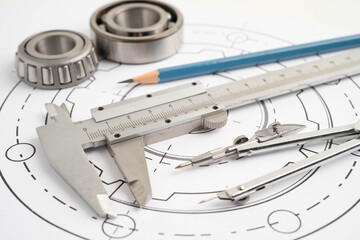 Engineering and precision tools with metal ball bering, mechanical industrial.