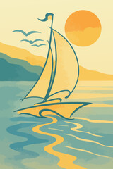 Catch the golden hour glow as a lone sailboat glides on calm seas. This vintage-style illustration, with its warm textured palette, evokes a sense of tranquil adventure. A perfect visual escape