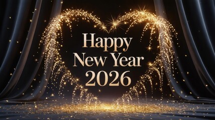 Festive New Year's background 2026 with a large golden text “Happy New Year 2026" in the center, surrounded by bright golden fireworks.