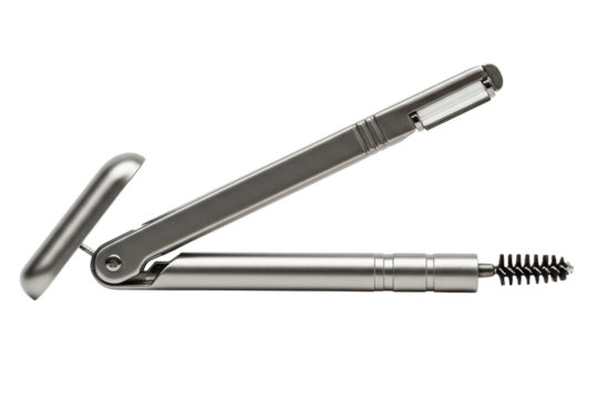 Foldable metal multitool for cleaning small electronic gadgets on a transparent background