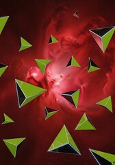 Geometric triangle forms amidst astral nebula, cosmic background concept