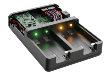 Open dual battery charger with visible internal electronics on a transparent background