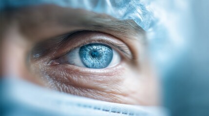 A close-up reveals a vibrant blue eye surrounded by a sterile environment. The eye captures attention with its clarity and depth, showcasing the unique patterns and colors present