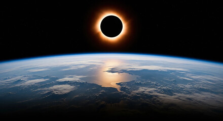 Total Solar Eclipse Viewed from Space with Earth's Curvature and Corona Glow