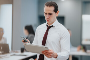 A focused businessman stands in a modern office, comparing a tablet and a smartphone. He wears a white shirt and burgundy tie, surrounded by colleagues and workstations in a corporate environment.