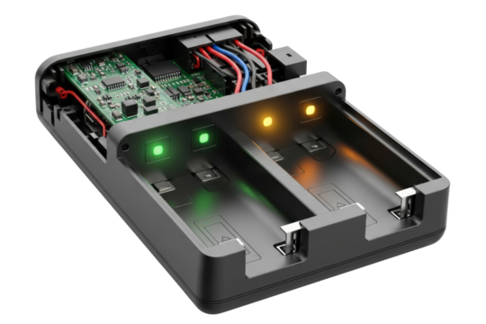 Open dual battery charger with visible internal electronics on a transparent background