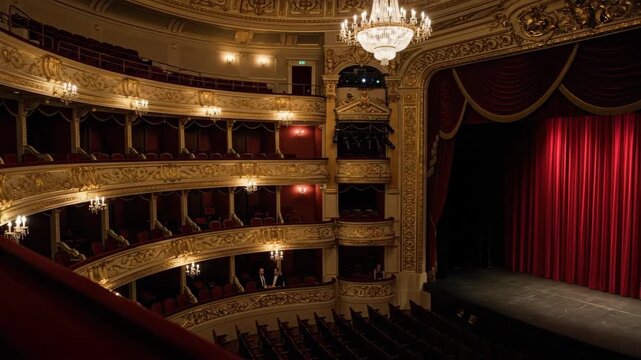 Luxurious opera house balcony view with grand reveal of red curtain stage