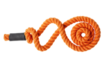 Thick orange braided rope coiled into a spiral infinity shape on a transparent background