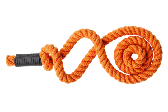 Thick orange braided rope coiled into a spiral infinity shape on a transparent background
