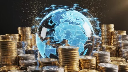 Global Finance Network - This video depicts stacks of gold and silver coins with a digital globe overlaid in the background, representing global finance and interconnectedness. - Powered by Adobe