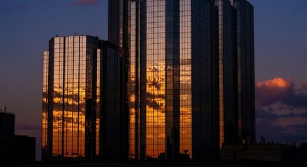 Golden hour reflections capture architectural wonder on buildings at dusk horizon