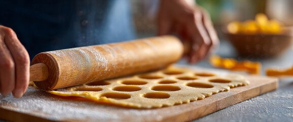 Close-up of hands rolling dough with a wooden rolling pin on a floured surface with circular cutouts for baking preparation