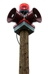 Emergency warning siren with red beacon light on a wooden pole on a transparent background
