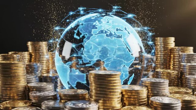 Global Finance Network - This video depicts stacks of gold and silver coins with a digital globe overlaid in the background, representing global finance and interconnectedness.