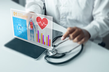 Healthcare and technology concept. Doctor analyzing patient's Electronic Health Record (EHR) with AI. Examining heart data, vital signs, and anatomy on a modern holographic interface.