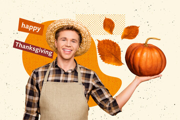 Full sketch art poster trend collage of happy farmer man hold pumpkin agriculture harvest autumn...