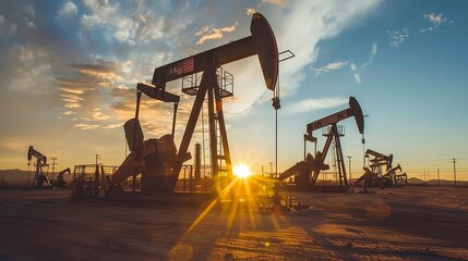 Silhouetted oil rigs against a sunset with american flag representing the u.soil industry