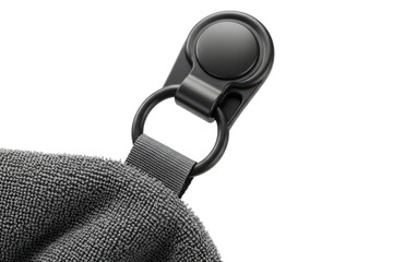 Black metal snap hook on a hanging loop of a gray sport towel on a transparent background